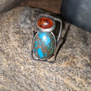 Sterling Silver Ring with Turquoise and Amber Crystals